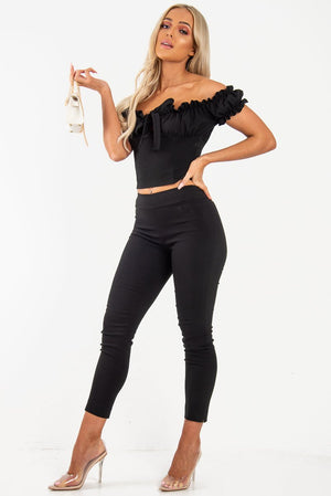 Black Ruffle Tie Front Bardot Crop Top - Pandora