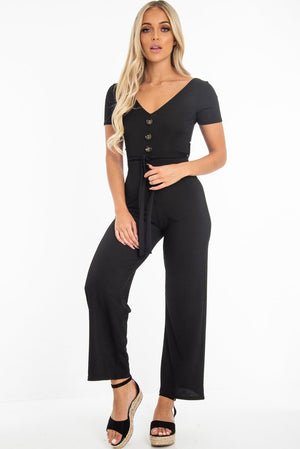 Black Rib V Neck Button Front Jumpsuit - Cassandra