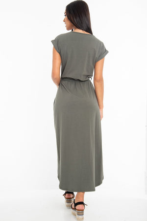 Khaki Scoop Neck Belted Wrap Maxi Dress - Allie