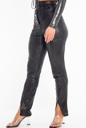 Black Coated Button Front Belted Skinny Trousers - Jade