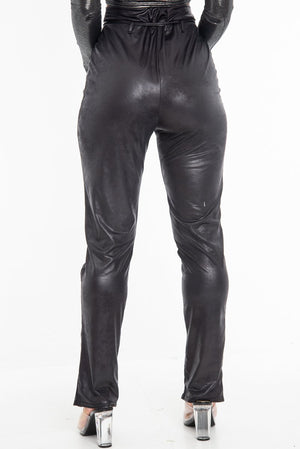 Black Coated Button Front Belted Skinny Trousers - Jade
