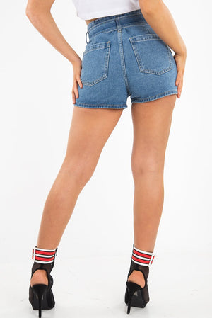 Light Wash D Ring Belted Paper Bag Denim Shorts - Katalia