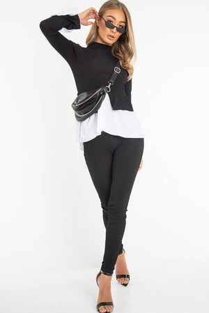 Black Ribbed Flared Shirt and Leggings Co-ord - Aafiya
