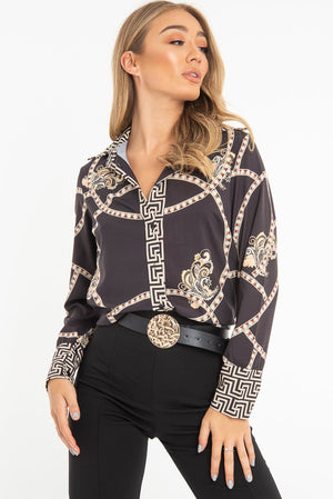 Black Scarf Print Button Up Shirt - Kasen