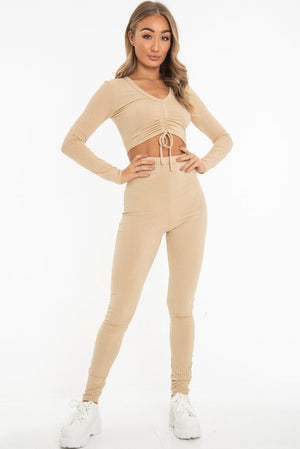 Beige Rib Ruched Front Crop Top Legging Loungewear Co-Ord - Victoria