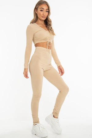 Beige Rib Ruched Front Crop Top Legging Loungewear Co-Ord - Victoria