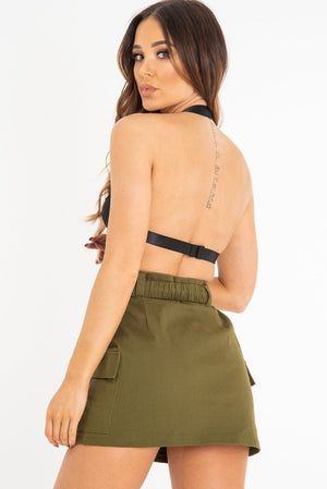 Khaki Buckle Front Woven Utility Mini Skirt - Cally