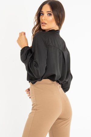 Black Satin Tie Front Long Sleeve Blouse - Cherie