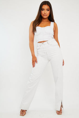 White Contrast Stitch Denim Straight Leg Side Split Jeans - Tashi