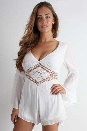 Eleanor White Crochet Bell Sleeve Playsuit