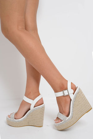 White Diamante Embellished Wedges - Elisa