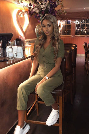 Khaki Woven Button Front Belted Jumpsuit - Suzanna
