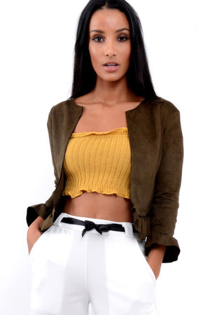 Khaki Suedette Frill Hems Jacket - Elsa
