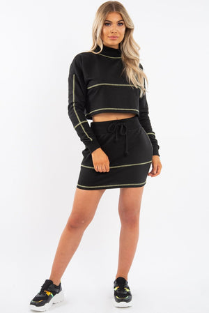 Black Lime Contrast Stitch Crop Jumper Skirt Co-ord - Keva