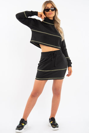 Black Lime Contrast Stitch Crop Jumper Skirt Co-ord - Keva