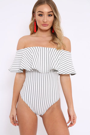 White Striped Bardot Frill Bodysuit - Emmie