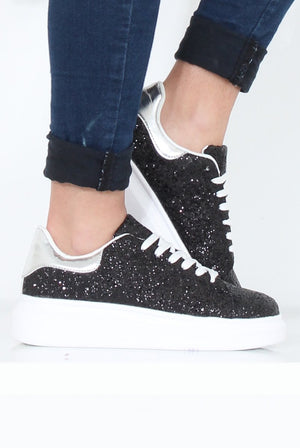 Black Glitter Platform Trainers - Erin