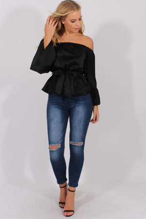 Black Silk Bardot Bell Sleeves Top - Fawn