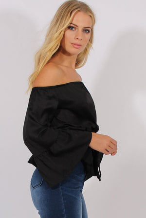 Black Silk Bardot Bell Sleeves Top - Fawn