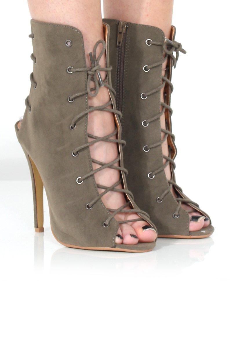 Lace Up Khaki Stiletto Heels Khaki Suede Peep Toe Lace Up Thigh