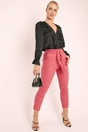 Pink Tie Belt Paperbag Waist Trousers - Jaylea