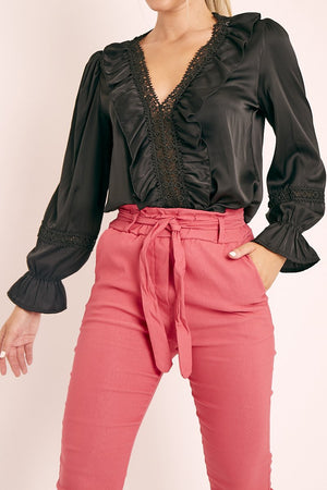 Black Plunge Lace Neckline Blouse - Harleigh