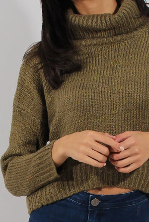 Khaki Rollneck Knitted Cropped Jumper - Regean