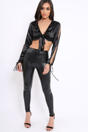 Black Satin Tie Front Top - Gweneth