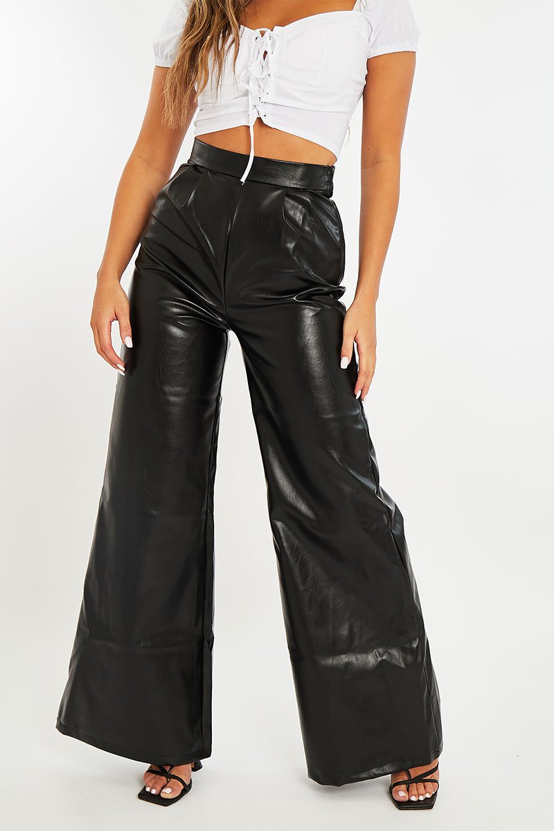 Black High Waist Wide Leg Faux Leather Trousers Hanika