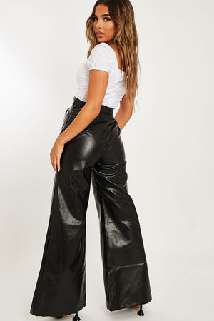 Black High Waist Wide Leg Faux Leather Trousers - Hanika