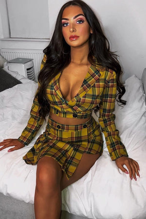 Yellow Tartan Crop Blazer Pleated Skirt Co-Ord - Holly