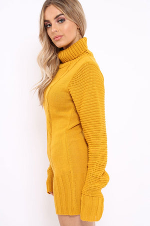 Mustard Roll Neck Chunky Knit Jumper Dress - Hydie