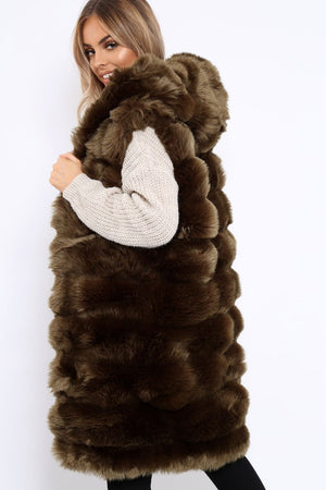 Khaki Hooded Faux Fur Gilet - Jadie