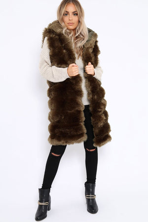 Khaki Hooded Faux Fur Gilet - Jadie