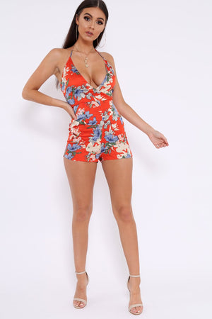 Red Floral Silky Cross Over Halterneck Playsuit - Jamari