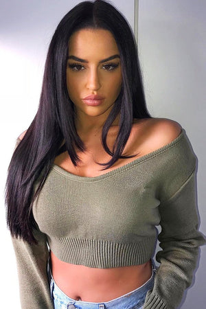 Khaki Crop V Neck Knit Jumper - Rozella