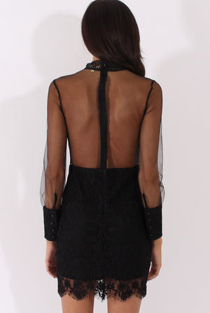 Black Sheer Mesh Lace Detail Dress - Jaylee