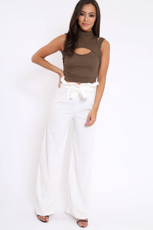 Khaki High Neck Cut Out Ribbed Crop Top - Jessica