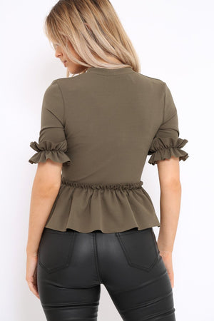Khaki Peplum Frill Detail Top - Carly