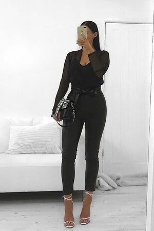 Black Faux Leather Paper Bag Belted Tapered Trousers - Lucia