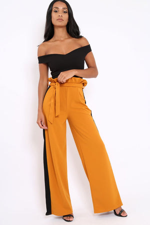 Mustard Paper Bag Tie Waist Wide Leg Trousers With Black Stripe - Kennedy