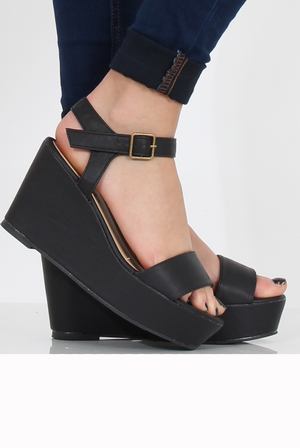 Black PU Open Toe Wedge Sandals - Kennie