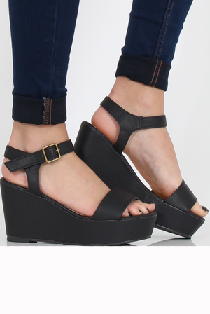 Black PU Open Toe Wedge Sandals - Kennie