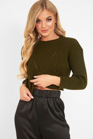 Khaki Knit Detail Crop Jumper - Kiana