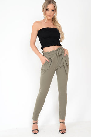 Khaki Paper Bag Tie Waist Cigarette Trousers - Karmen