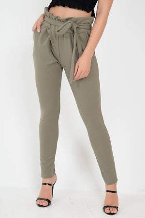 Khaki Paper Bag Tie Waist Cigarette Trousers - Karmen