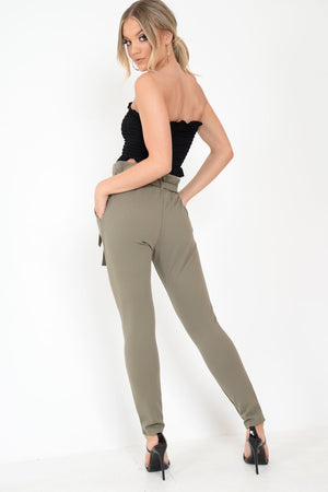 Khaki Paper Bag Tie Waist Cigarette Trousers - Karmen