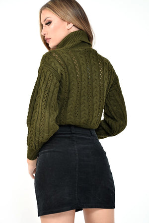 Khaki High Neck Cropped Cable Knit Jumper - Sandria