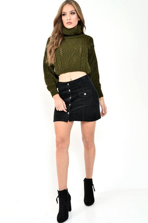 Khaki High Neck Cropped Cable Knit Jumper - Sandria