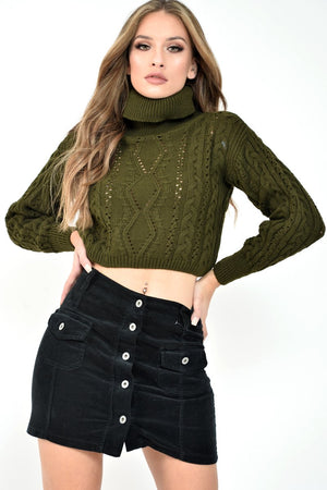 Khaki High Neck Cropped Cable Knit Jumper - Sandria